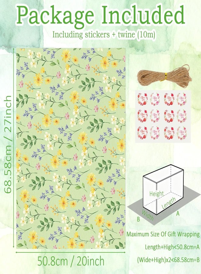 Resflyar 12 Sheets Floral Wrapping Paper, Watercolor Flower Butterfly Green Checked Gift Wrap Paper Folded Flat with Jute Twine Sticker for Baby Shower Birthday Wedding Christmas Party DIY Crafts, 20 x 27 Inch - Image 3